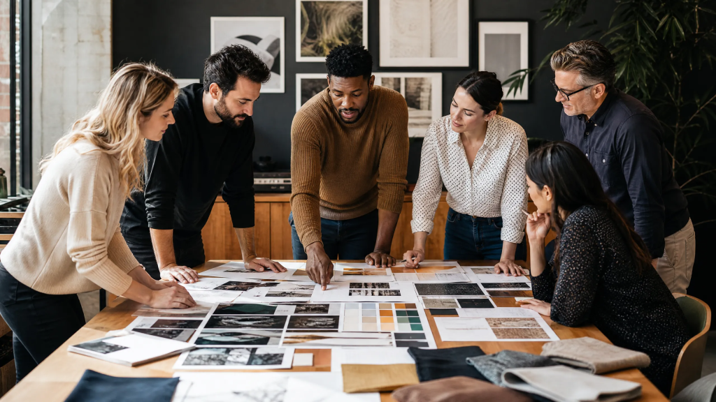Equipe de profissionais colaborando em uma mesa de escritório com moodboards e paletas de cores de marca. Equipe de profissionais colaborando em uma mesa de escritório com moodboards e paletas de cores de marca.