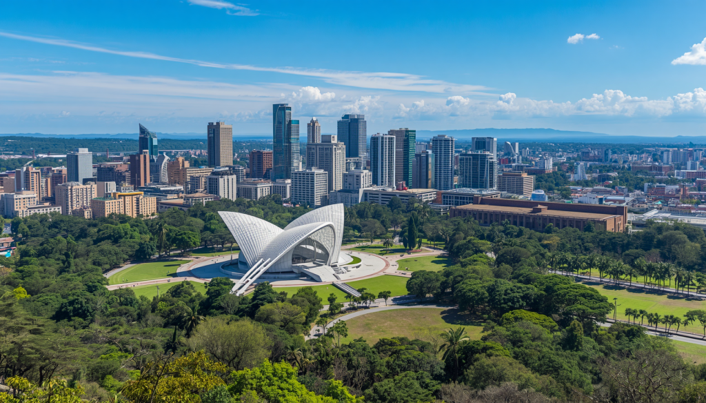 Cidade de Curitiba, Brasil, com seus pontos turísticos icônicos, arquitetura moderna, parques verdes, Ópera de Arame, Jardim Botânico, paisagem urbana