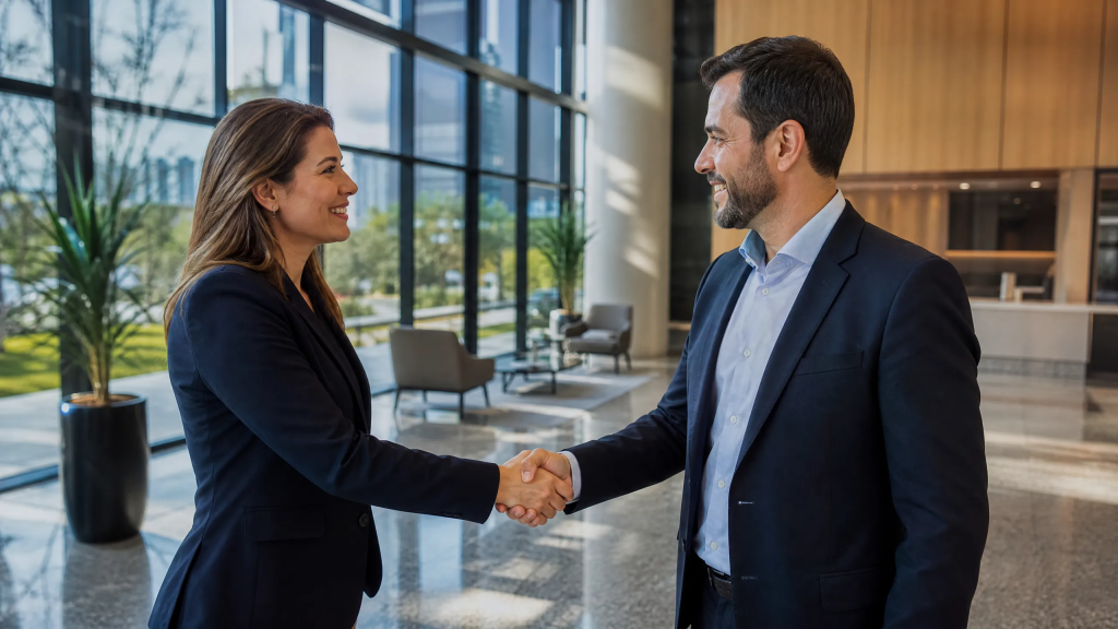 Aperto de mão entre dois profissionais em um ambiente corporativo moderno em Curitiba, simbolizando uma parceria de sucesso.