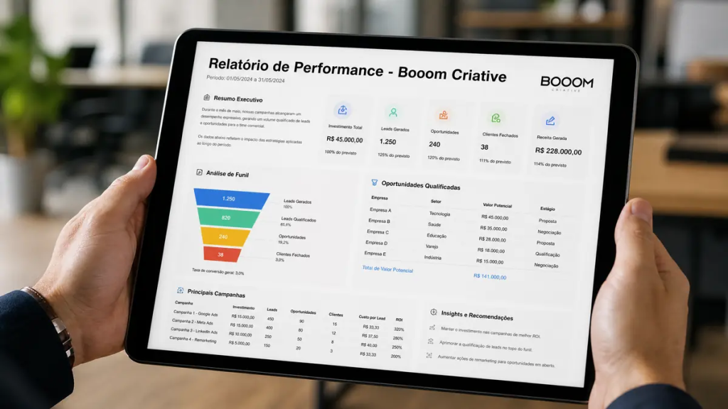 Relatório de performance da Booom Criative em um tablet, mostrando análise de funil e oportunidades qualificadas.