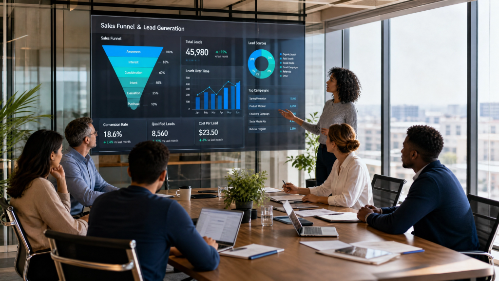  Equipe de marketing analisando um funil de vendas digital em uma tela de alta tecnologia em um escritório moderno.