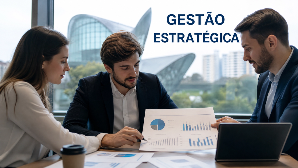Equipe de profissionais de marketing analisando relatórios e gráficos de performance em Curitiba.