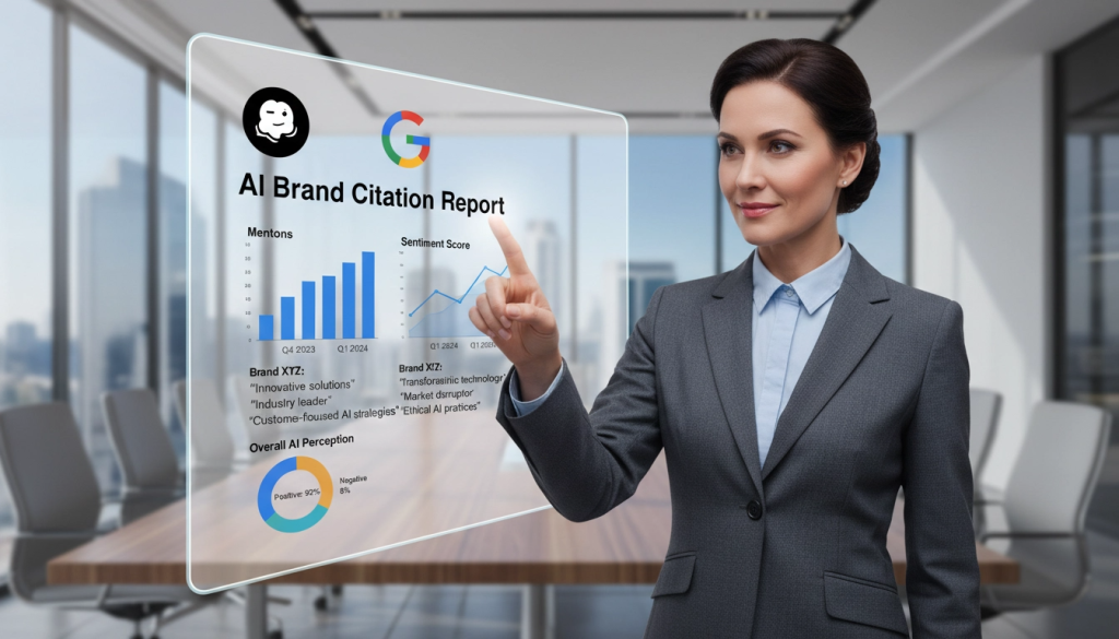 Executiva apontando para tela digital com relatórios de citações de marca no ChatGPT e Gemini Executiva apontando para tela digital com relatórios de citações de marca no ChatGPT e Gemini