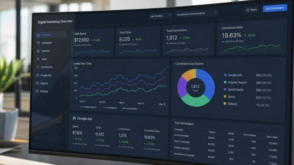 Monitor de computador exibindo um dashboard de marketing digital com métricas de conversão, gráficos de leads e dados do Google Ads.