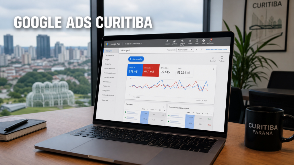 Notebook em escritório moderno exibindo painel do Google Ads com vista para Curitiba ao fundo.