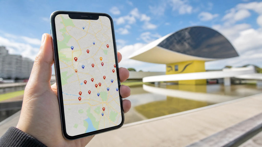 Smartphone exibindo o Google Maps com pins de empresas em Curitiba, com o Museu Oscar Niemeyer ao fundo.
