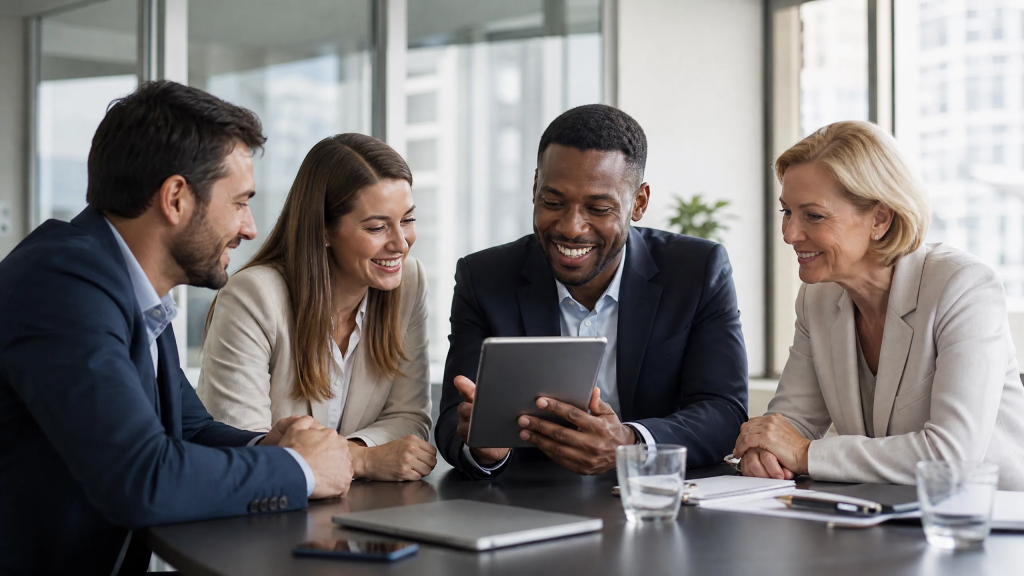 Equipe profissional em reunião analisando métricas de conversão e geração de leads em um tablet. Equipe profissional em reunião analisando métricas de conversão e geração de leads em um tablet.