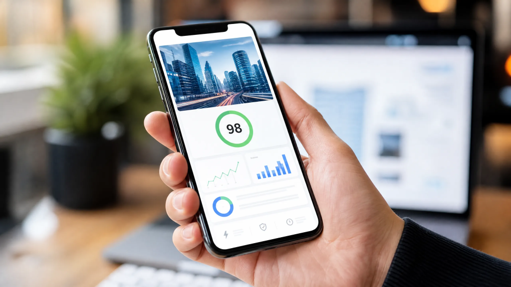 Pessoa segurando smartphone que exibe um site rápido com alta pontuação de performance e SEO. Pessoa segurando smartphone que exibe um site rápido com alta pontuação de performance e SEO.