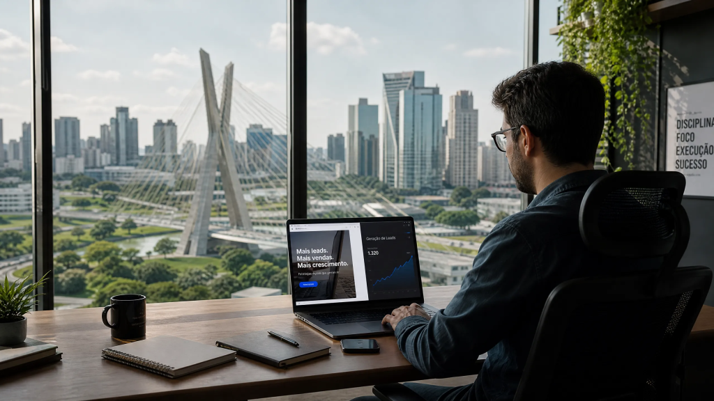 Profissional de marketing digital trabalhando em um escritório moderno com vista para o skyline de Curitiba, focando em uma landing page de alta conversão.
