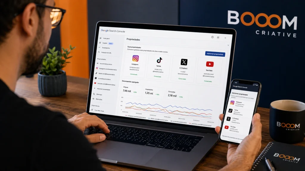  Workspace com laptop e interface do Search Console para adicionar propriedades de Instagram, TikTok, X e YouTube.