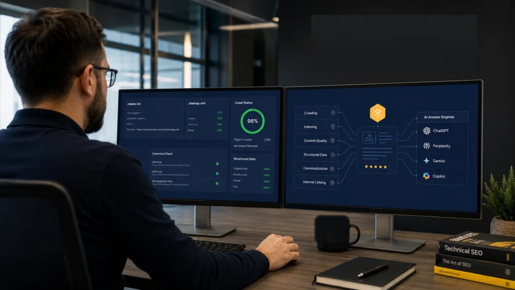  Especialista analisando rastreamento, indexação e visibilidade de páginas em recursos de IA.