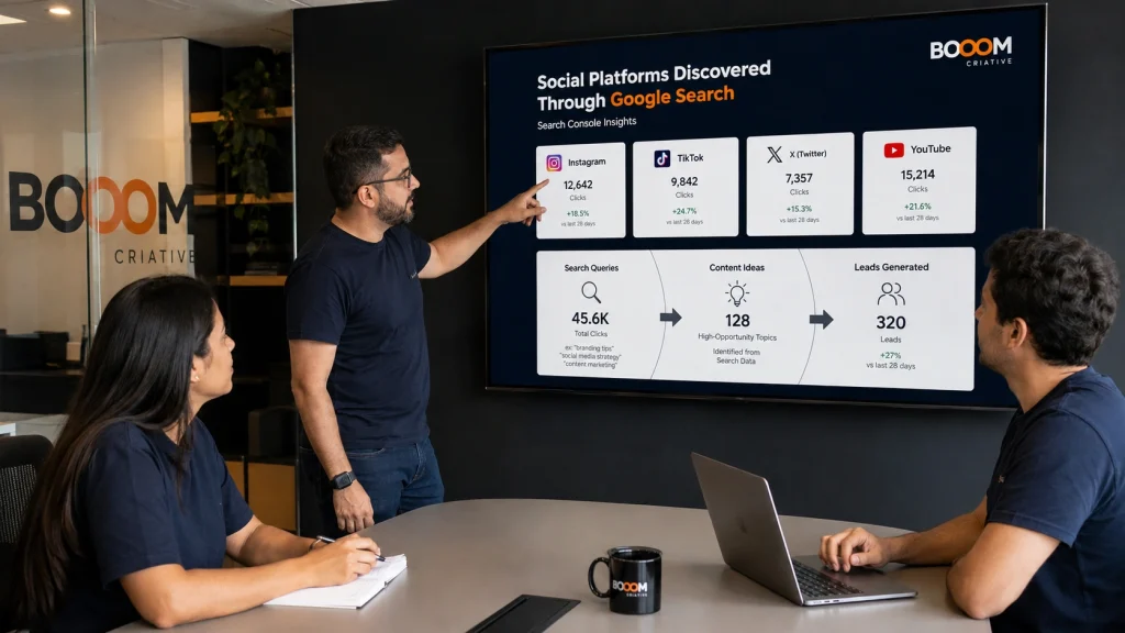Equipe em reunião analisando dados de redes sociais descobertas pelo Google Search.