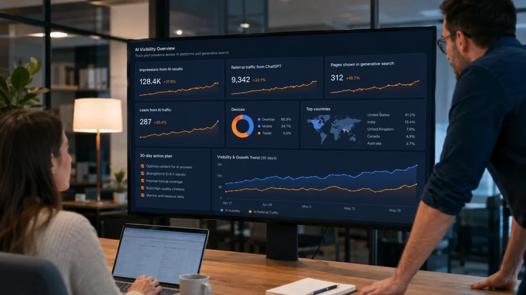  Especialista analisando rastreamento, indexação e visibilidade de páginas em recursos de IA.