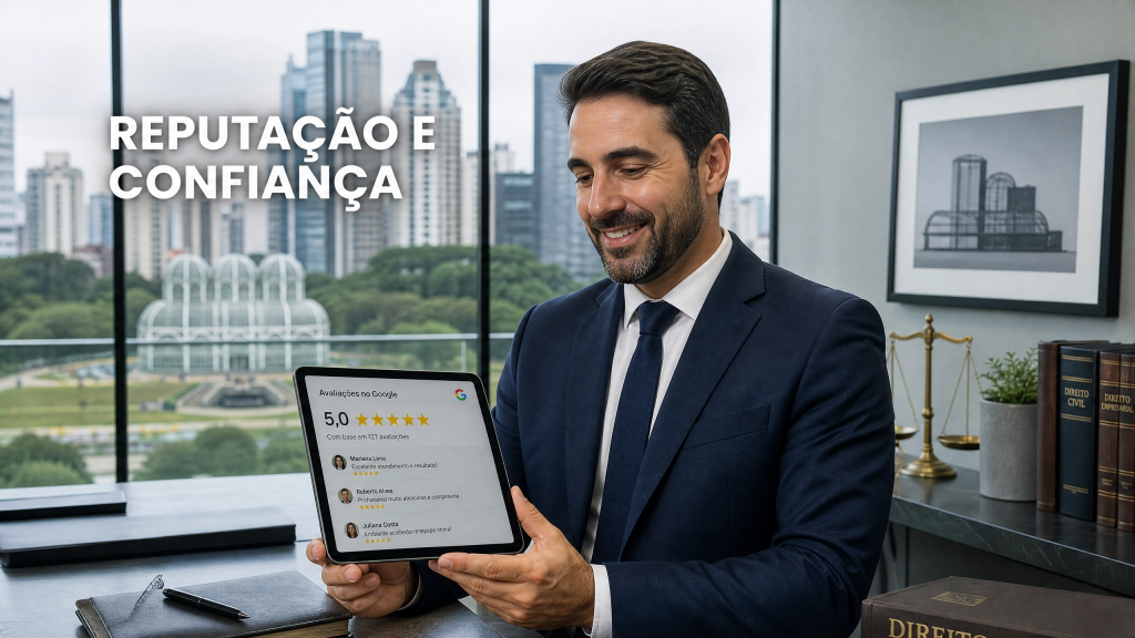 Empresário em Curitiba mostrando tablet com avaliações 5 estrelas no Google Meu Negócio.