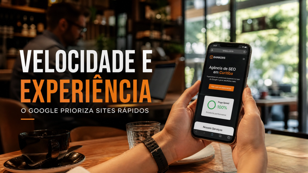 Pessoa usando smartphone em café de Curitiba com site carregando instantaneamente e selo de performance.