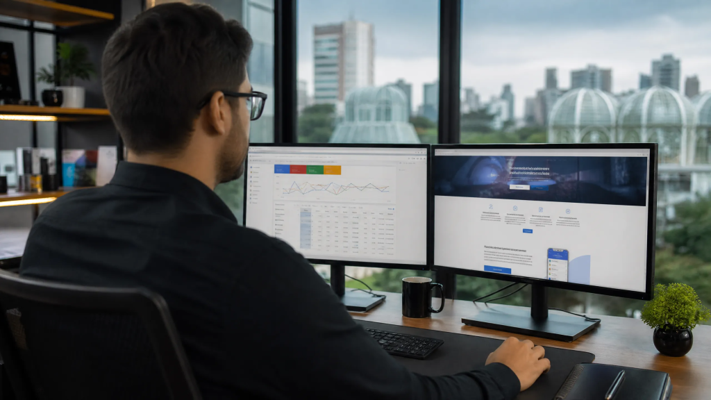 Profissional de marketing em Curitiba analisando métricas de Google Ads e otimizando uma landing page em dois monitores.