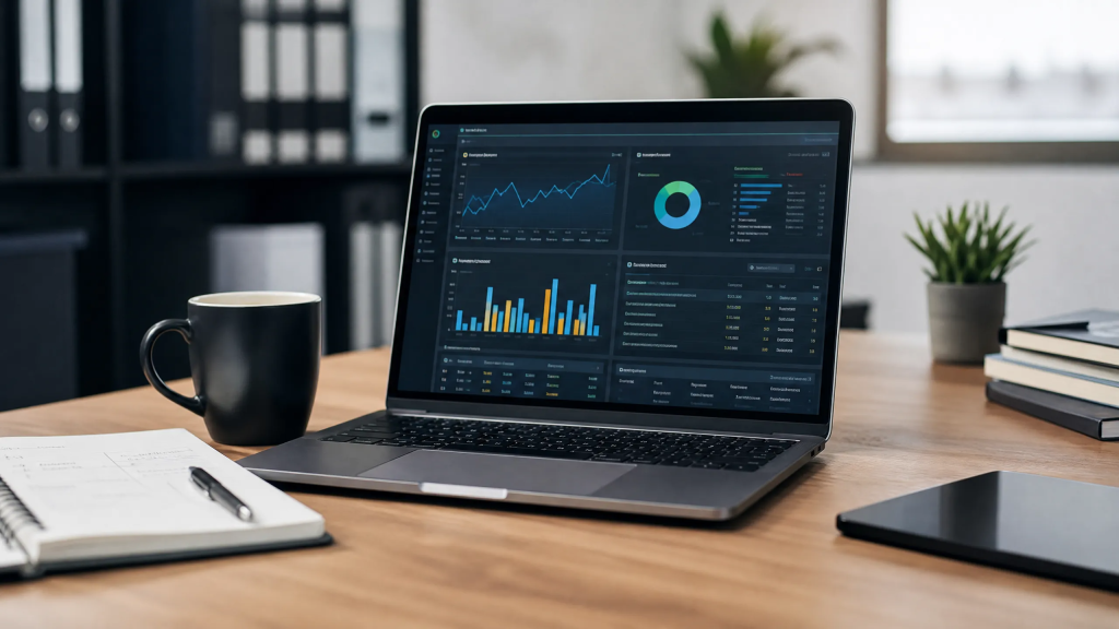 Laptop em um escritório moderno exibindo um painel de métricas de SEO e performance técnica de um site