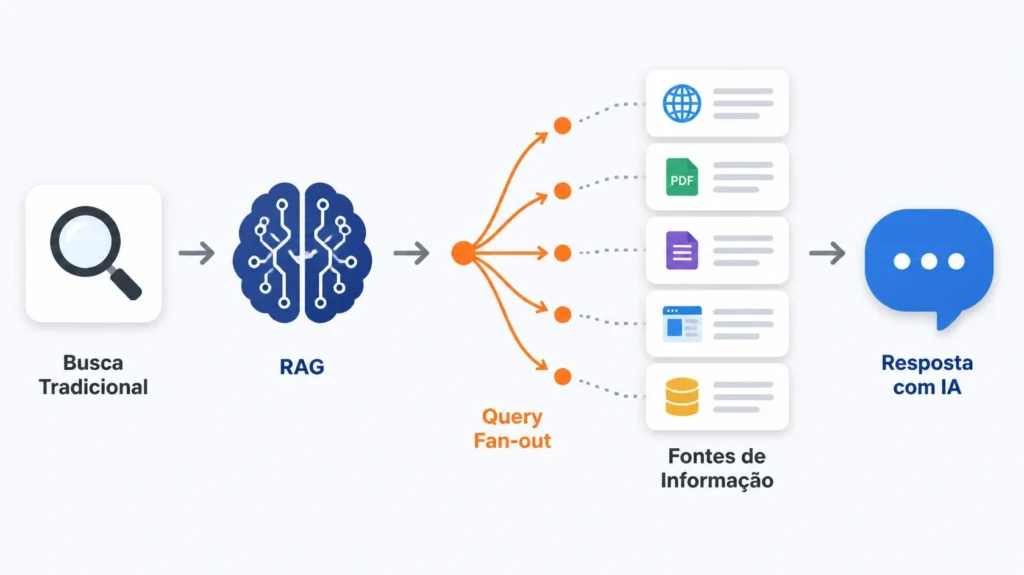 Fluxo de busca mostrando RAG, query fan-out, fontes de informação e resposta com inteligência artificial. Fluxo de busca mostrando RAG, query fan-out, fontes de informação e resposta com inteligência artificial.