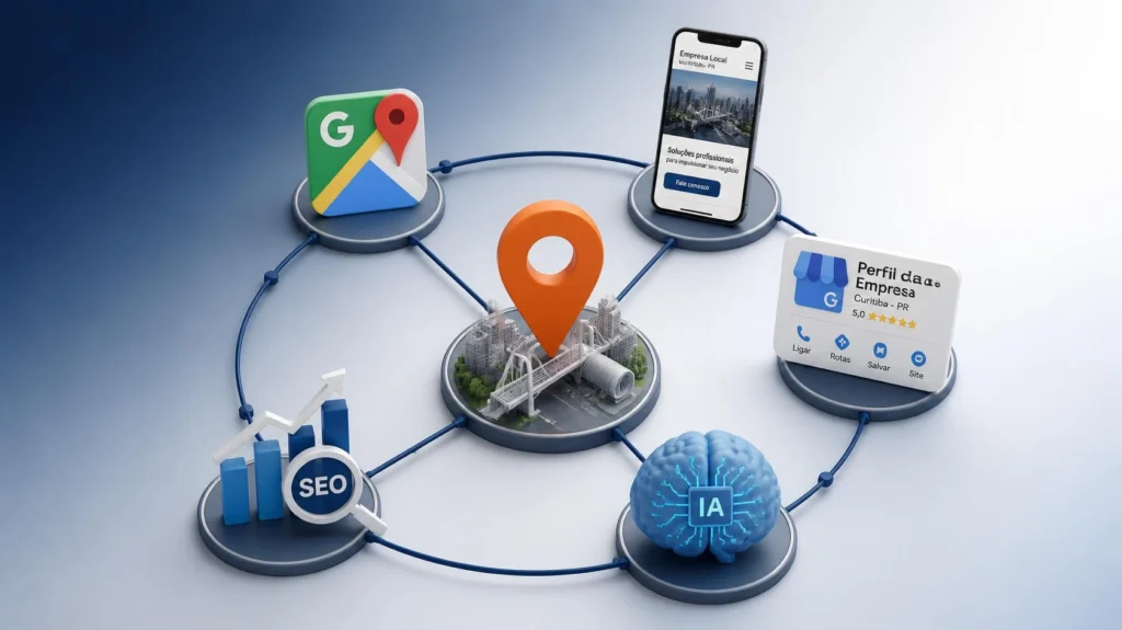 Ecossistema de SEO local em Curitiba conectado ao Google Maps, Perfil da Empresa, site e inteligência artificial. Ecossistema de SEO local em Curitiba conectado ao Google Maps, Perfil da Empresa, site e inteligência artificial.