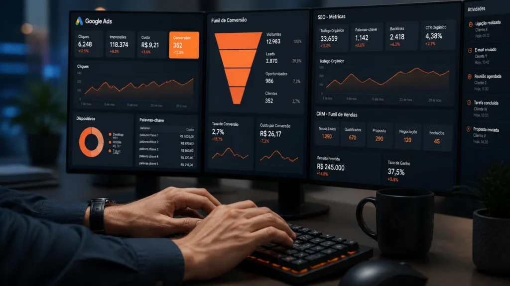 Dashboard de Google Ads, SEO e CRM com métricas de conversão e vendas Dashboard de Google Ads, SEO e CRM com métricas de conversão e vendas