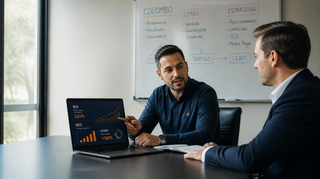 Reunião estratégica de marketing com análise de ROI, SEO e leads em Colombo Reunião estratégica de marketing com análise de ROI, SEO e leads em Colombo