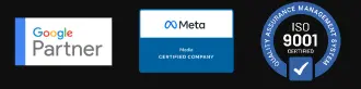 Selos apresentados pela BOOOM Criative: Google Partner, Meta Certified Company e ISO 9001.