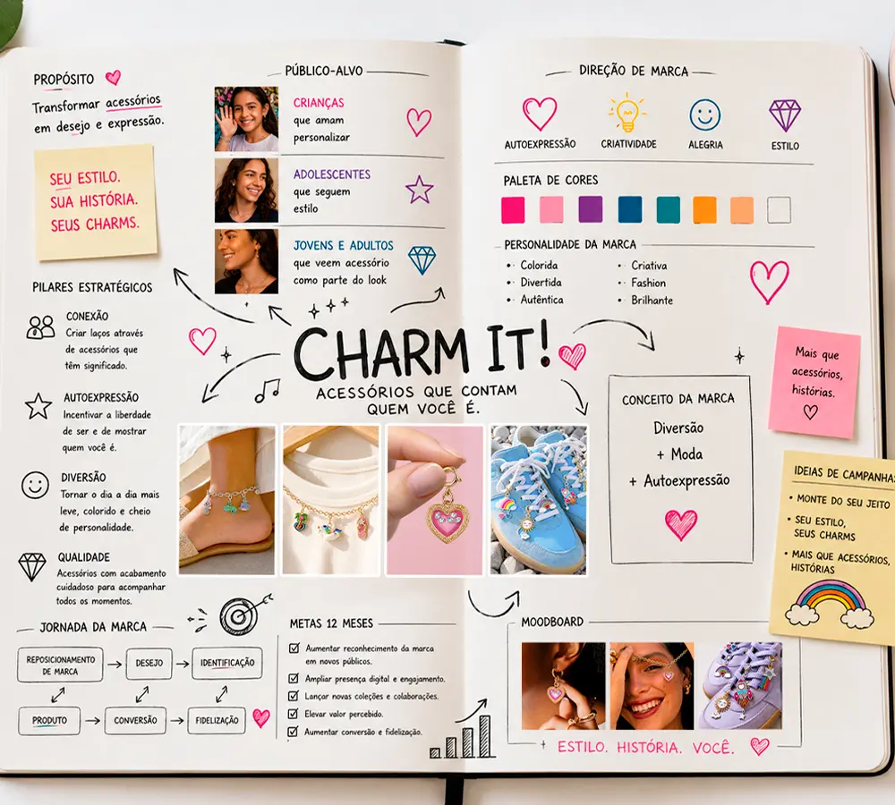 Planejamento estratégico e direção de marca da Charm It! Brasil.
