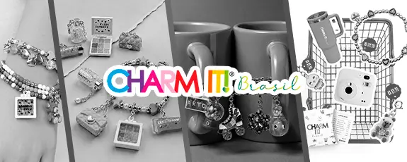 Prévia do case Charm It! Brasil, com composição de acessórios e a marca centralizada.