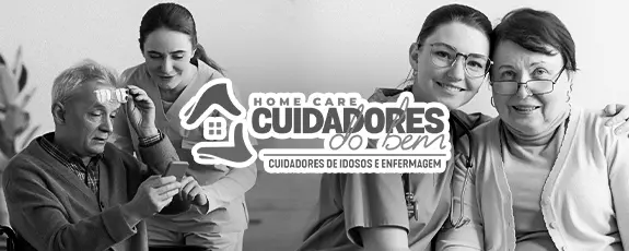 Prévia integralmente em preto e branco do case Cuidadores do Bem, com equipe de cuidado e identidade da marca.