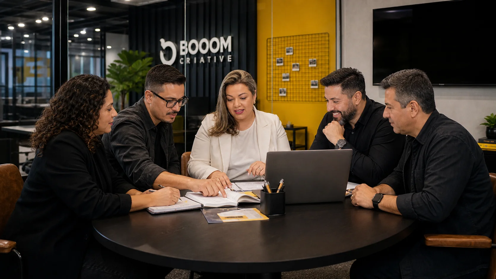 Equipe da BOOOM Criative em reunião de planejamento estratégico de marketing em Curitiba.