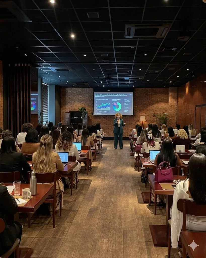 Apresentação de autoridade para público interessado em serviços especializados.