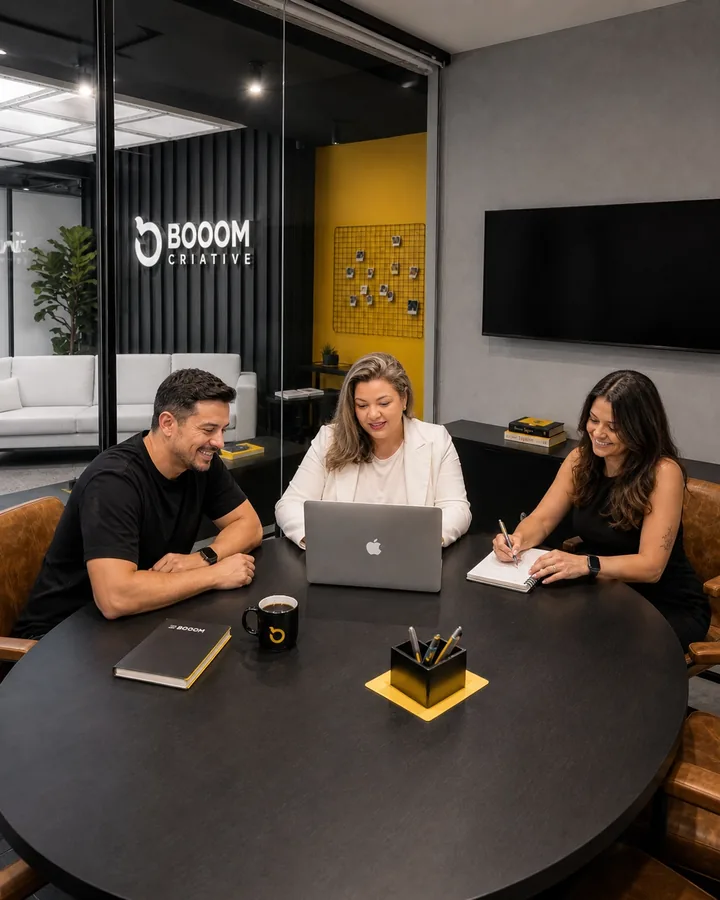 Equipe da BOOOM Criative em reunião estratégica com notebook e materiais de planejamento.