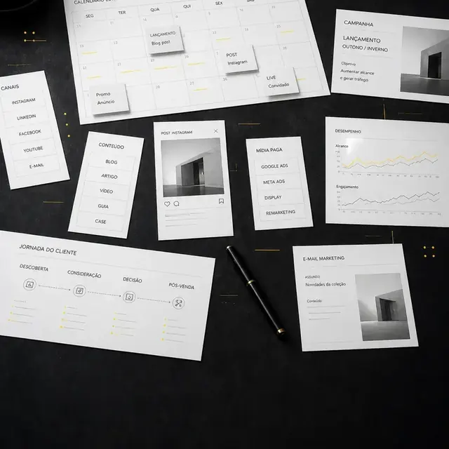 Planejamento estratégico de marketing representado por documentos e dados.