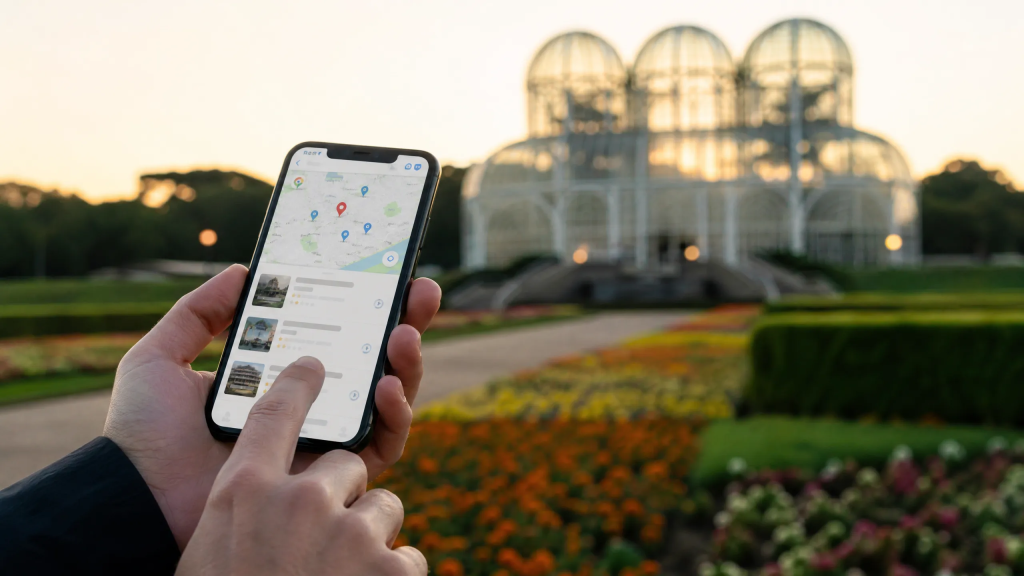 Pessoa usando o Google Maps em um smartphone com o Jardim Botânico de Curitiba ao fundo, representando SEO Local.
