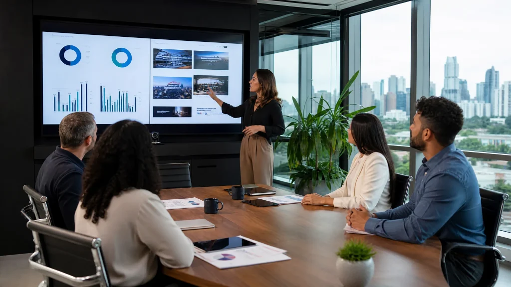 Reunião de planejamento de marketing digital em um escritório moderno em Curitiba, com foco em dados e estratégia.