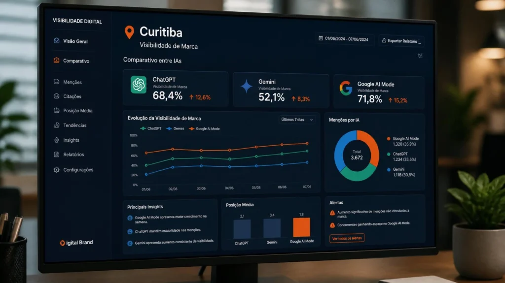 Dashboard de visibilidade digital em Curitiba para ChatGPT, Gemini e Google AI Mode