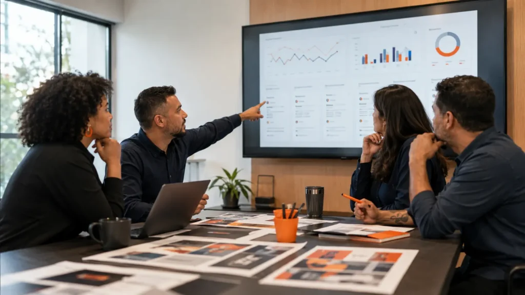 Equipe analisando performance, leads e resultados do marketing digital em 2026 Equipe analisando performance, leads e resultados do marketing digital em 2026