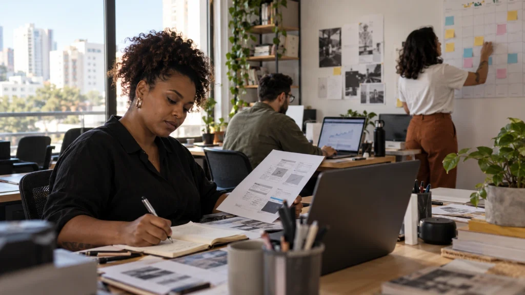 Profissionais de marketing trabalham com esboço de site, dados no notebook e calendário de atividades em um escritório.