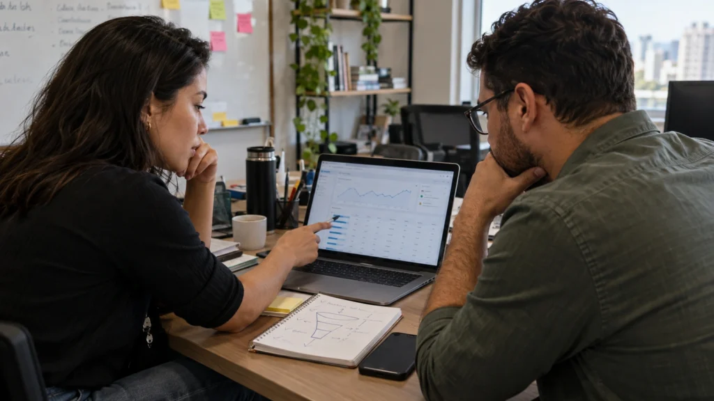 Duas pessoas analisam um gráfico no notebook e anotações sobre uma mesa de trabalho.