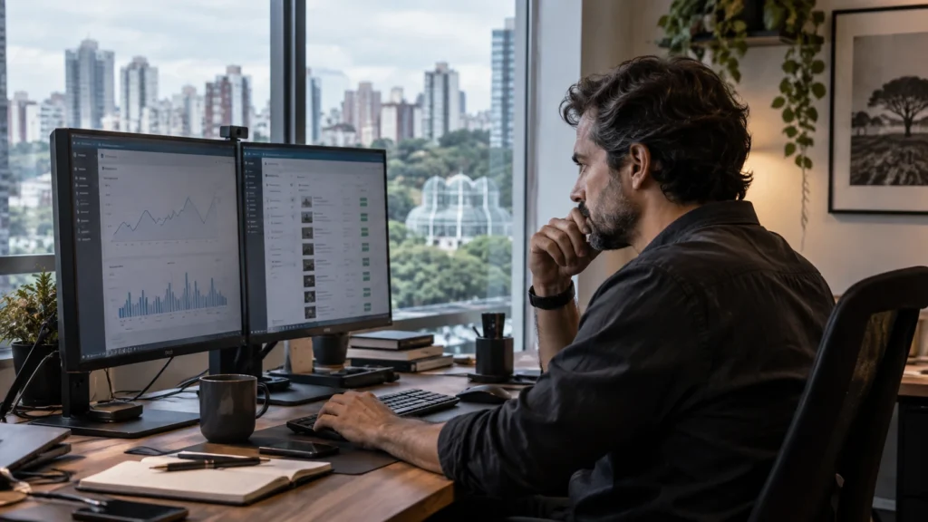 Profissional em escritório moderno avaliando painéis de desempenho em dois monitores para relacionar métricas de marketing a resultados de negócio.