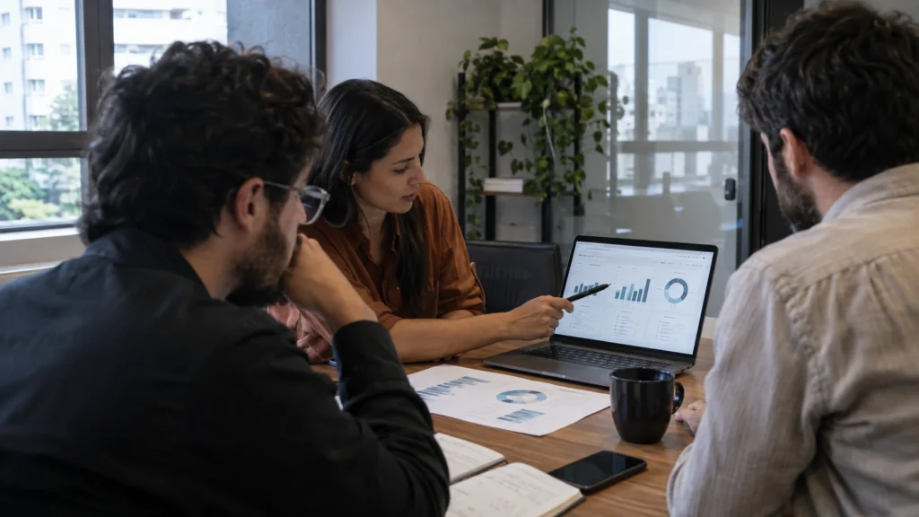 Equipe reunida em sala de reunião analisando indicadores de desempenho de marketing em um notebook, com gráficos impressos sobre a mesa.