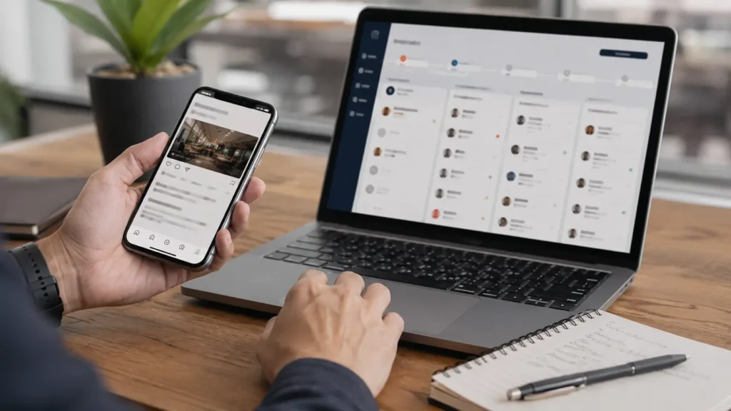 Profissional comparando interações do Instagram com leads registrados no CRM Profissional comparando interações do Instagram com leads registrados no CRM
