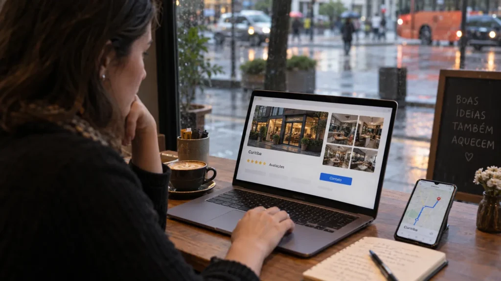 Consumidora compara avaliações e localização de empresa em Curitiba