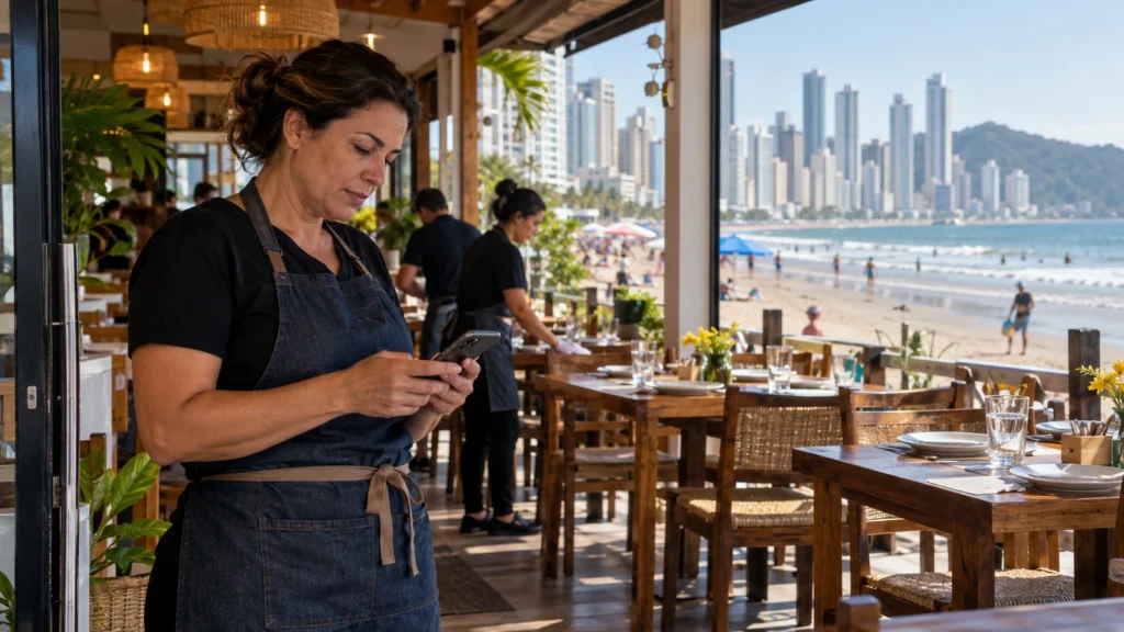 Profissional consulta o celular em um restaurante à beira-mar, com mesas preparadas e prédios ao fundo.