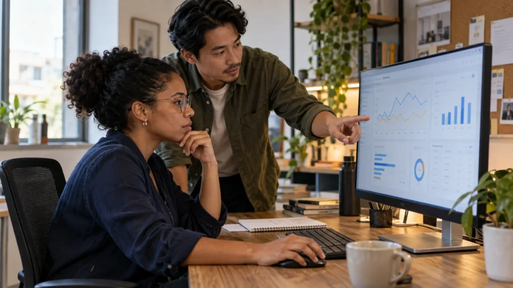 Dois profissionais analisam gráficos em um monitor para avaliar o desempenho de marketing. Dois profissionais analisam gráficos em um monitor para avaliar o desempenho de marketing.