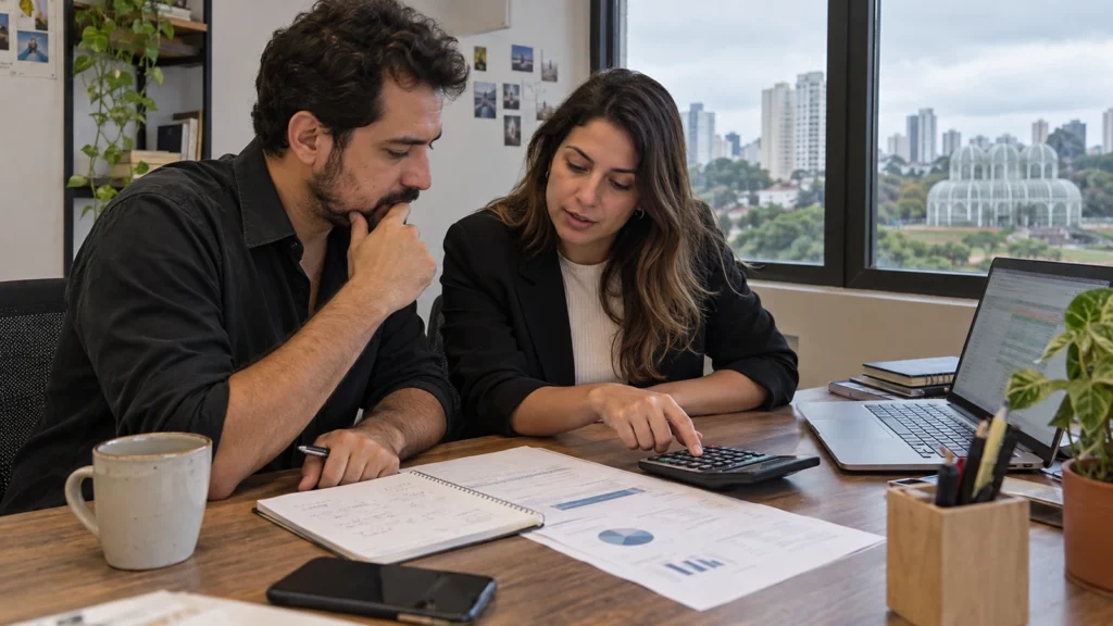 Dois profissionais calculam um orçamento com calculadora, documentos e planilha no notebook.