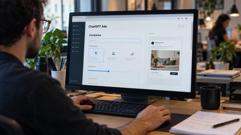 Profissional configura uma campanha em tela ilustrativa do ChatGPT Ads com prévia de anúncio ao lado.