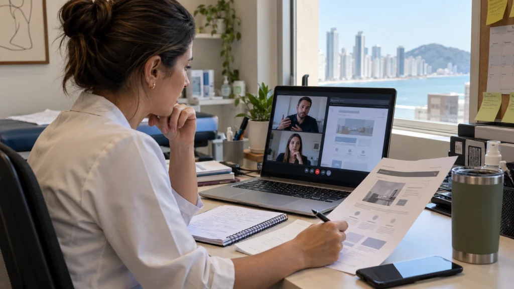 Profissional participa de uma reunião por vídeo no notebook enquanto analisa o layout impresso de uma página.