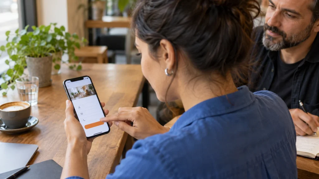 Mulher testa um formulário no celular enquanto um pesquisador observa e faz anotações. Mulher testa um formulário no celular enquanto um pesquisador observa e faz anotações.