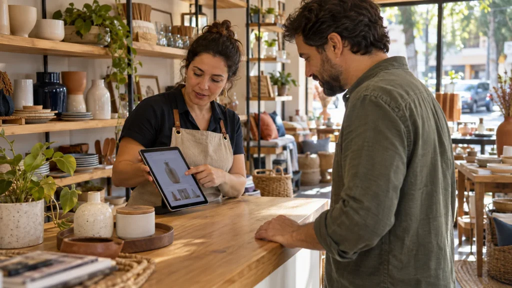 Lojista apresenta um catálogo de vasos em um tablet a um cliente no balcão de uma loja de decoração.